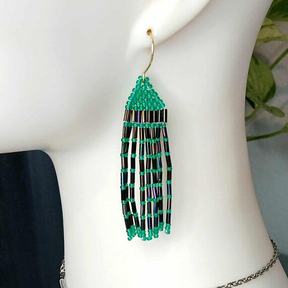 Artisan Green and Black Beaded Earrings, 3" - Picture 1 of 7
